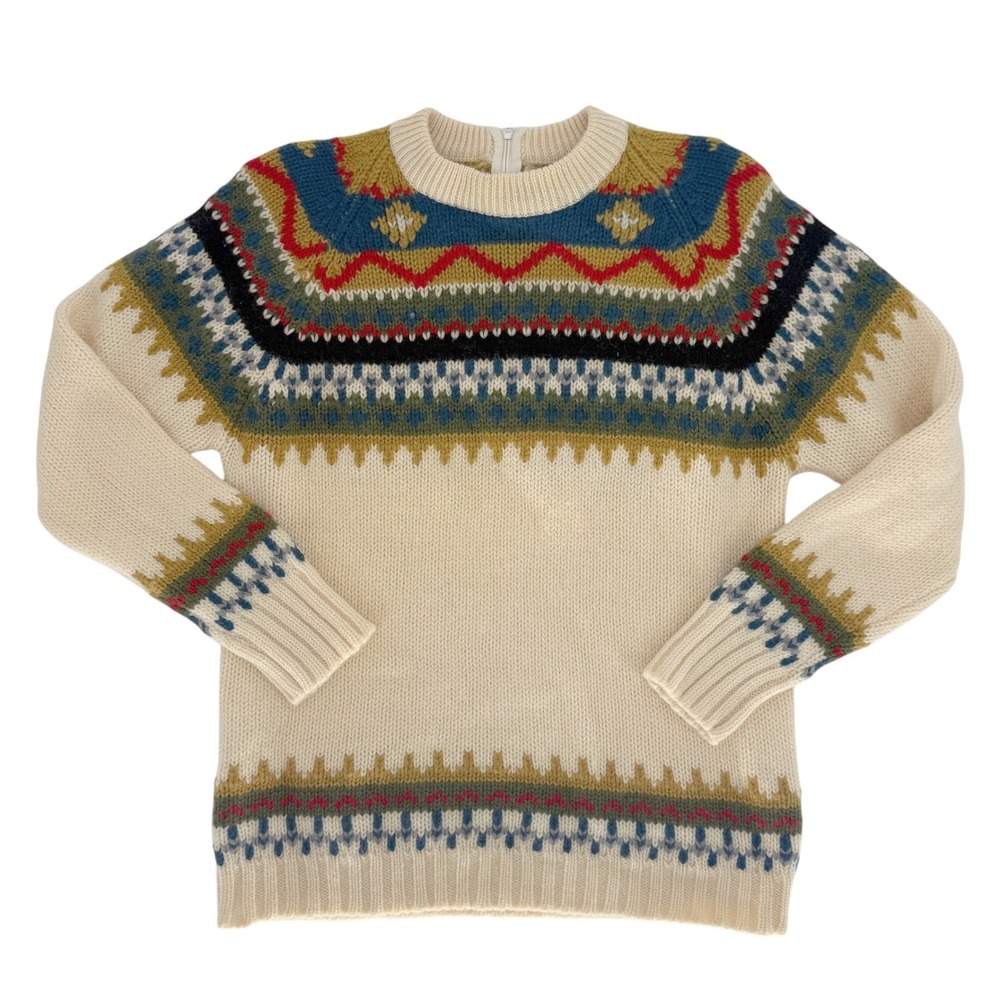 Vintage 100% Wool Fair Isle Knit Crew Neck‎ Pullover Sweater S Women Cream Crew